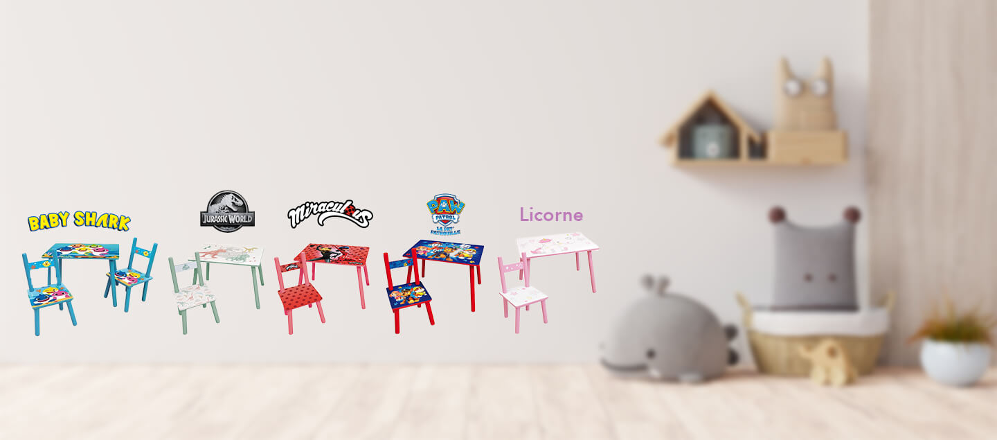 Set tables et chaises en bois Miraculous, Pat'Patrouille, Jurassic World, Licorne ou Baby Shark