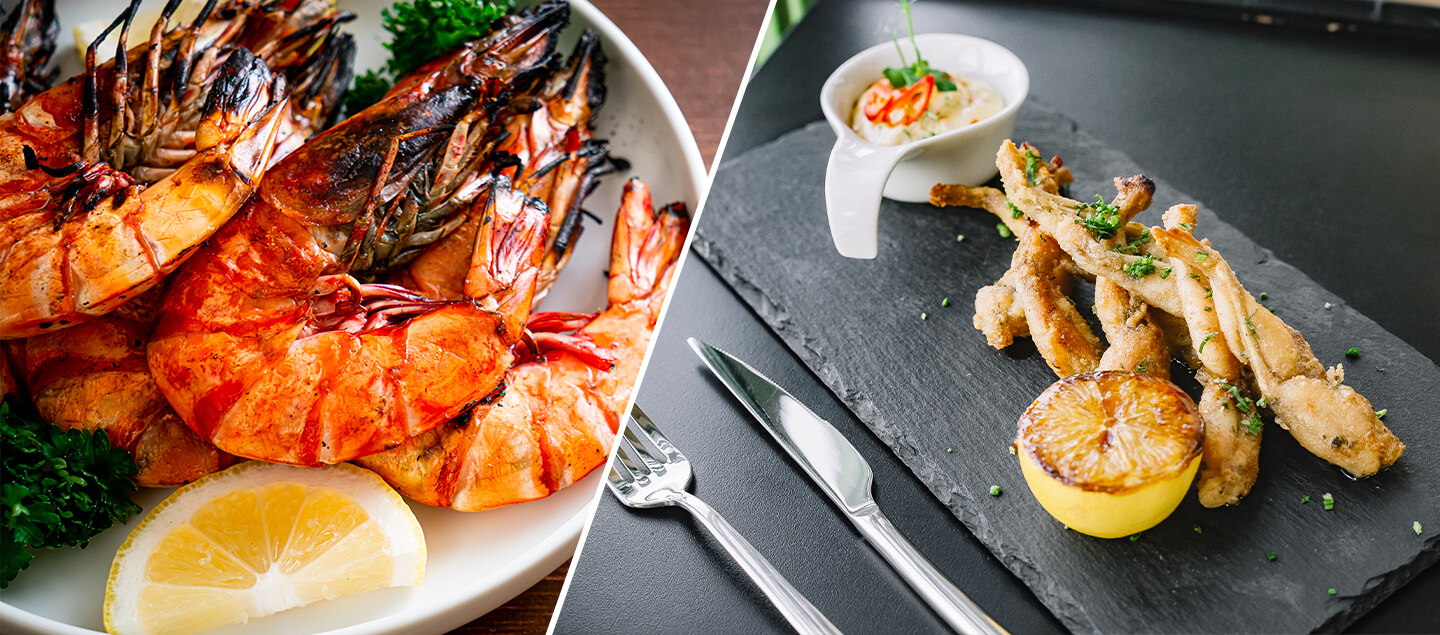 Menu Gambas ou Cuisses de Grenouilles au choix avec entrée et dessert dès 2 personnes