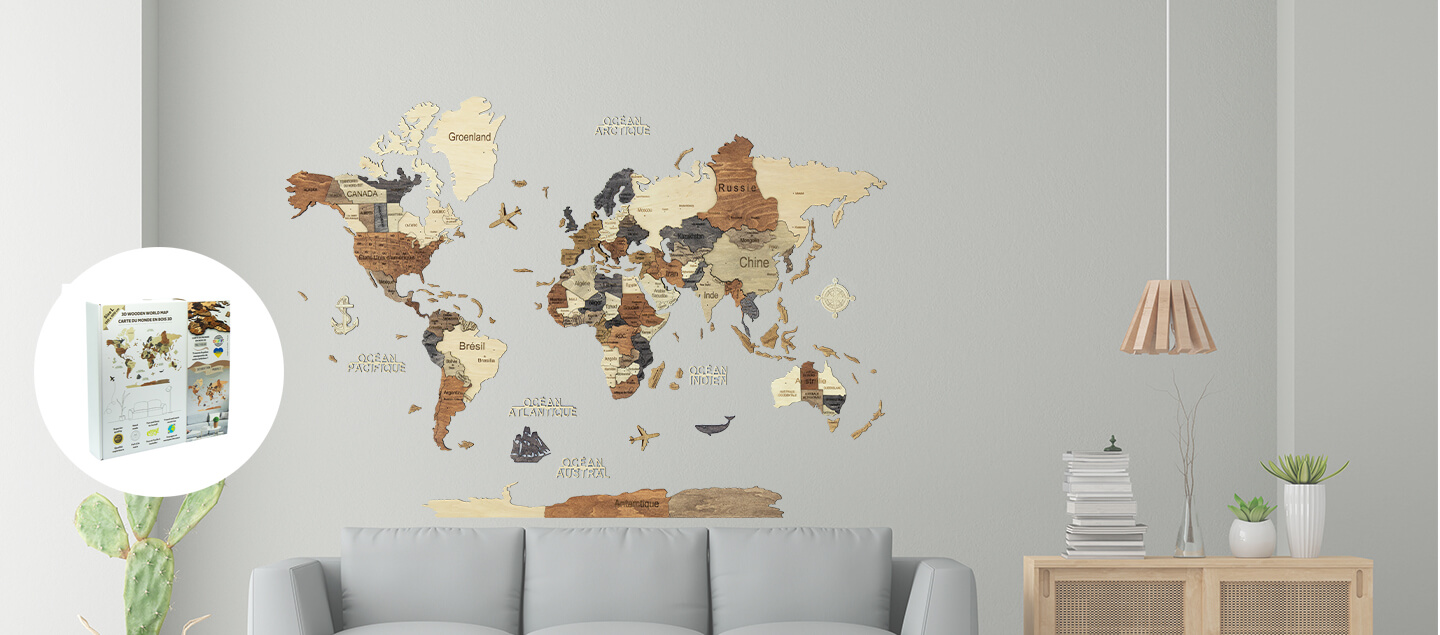 Carte du monde en bois 3D