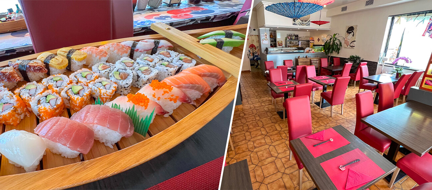 Bateau sushis avec salade et verres de saké dès 2 personnes