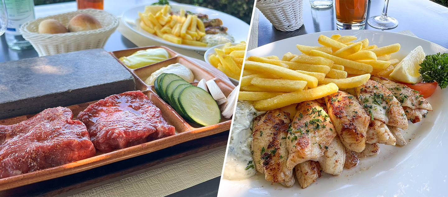 Menu Entrecôte sur ardoise ou Filets de perche meunière avec entrée, dessert, bouteille de vin, minérale, café et limoncello dès 2 personnes
