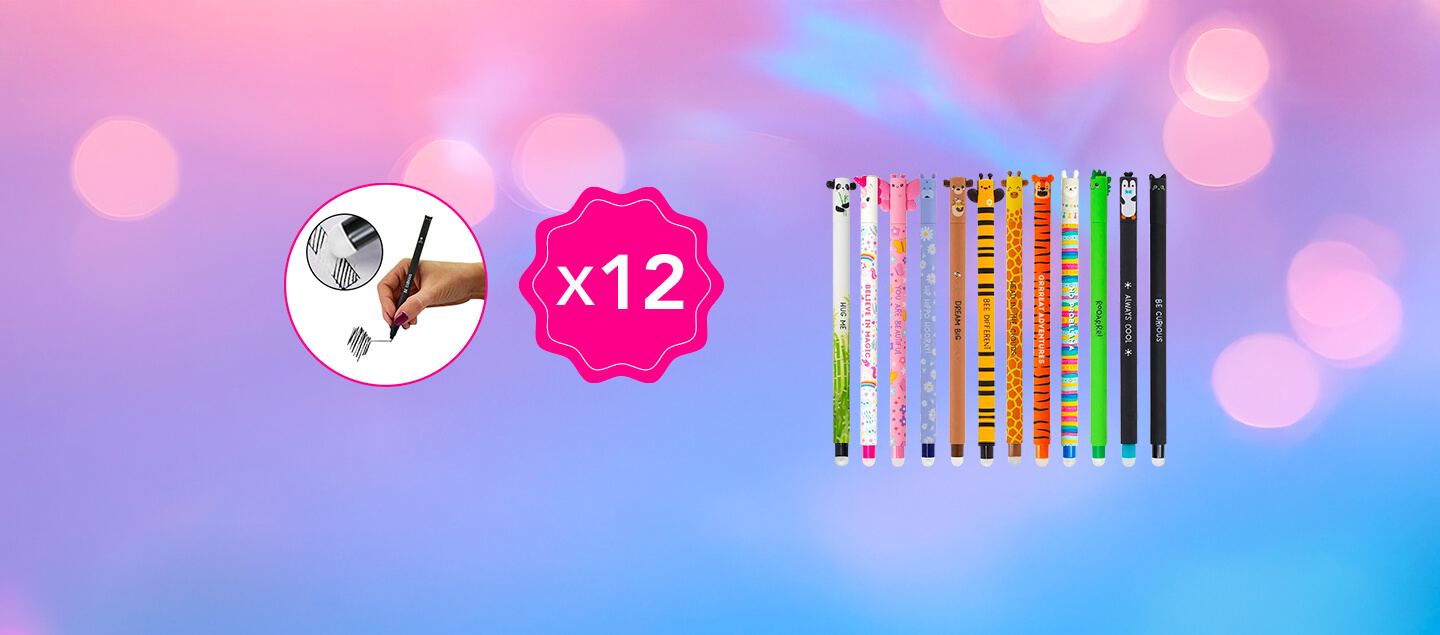 Set de 12 stylos avec encre effaçable en forme d'animaux