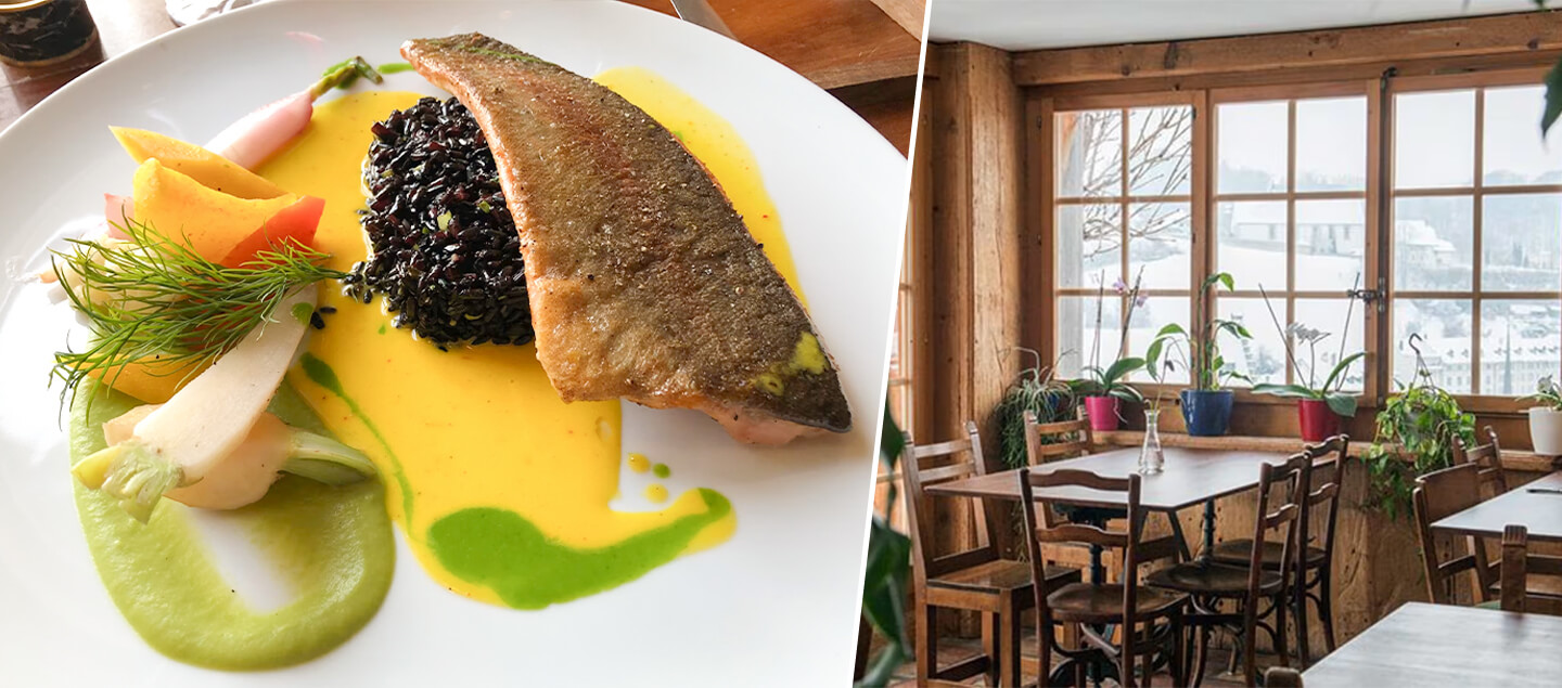 Menu Filet de truite saumonée de la Gruyère saisie sur peau avec entrée et dessert pour 2 personnes