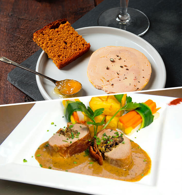 Menu semi gastronomique complet avec entrée, plat et dessert au