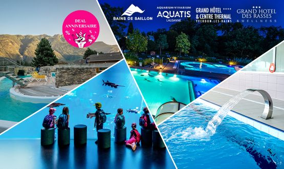 Profitez d’un abonnement mensuel illimité aux Bains de Saillon, à Aquatis, aux Bains d’Yverdon et à la Piscine des Rasses
