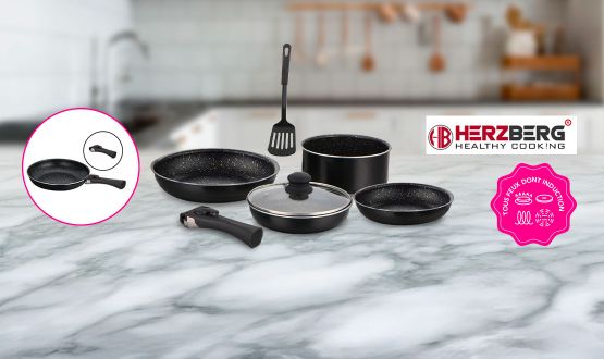 Set de 3 poêles et 1 casserole en marbre avec poignée amovible Herzberg