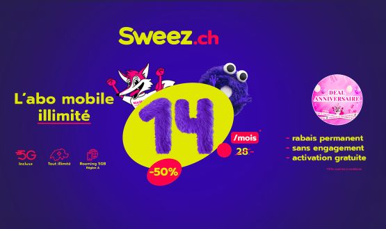 Abonnement mobile illimité Let’s Sweez RD2 (CHF 14.- au lieu de CHF 28.- par mois sans engagement)
