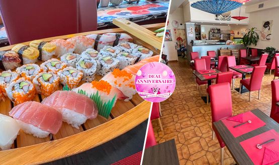 Bateau sushis avec salade et verres de saké dès 2 personnes