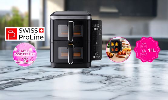 Friteuse à air chaud Air Fryer 11L (sans huile) avec double compartiments superposés Swiss ProLine