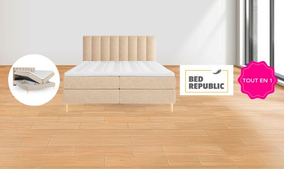 Lit Boxspring complet avec Coffre, Surmatelas et Matelas à mémoire de forme inclus - Beige - BEDREPUBLIC 
