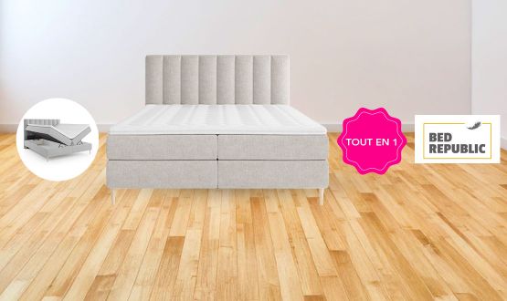 Lit Boxspring complet avec Coffre, Surmatelas et Matelas à mémoire de forme inclus - Gris - BEDREPUBLIC 