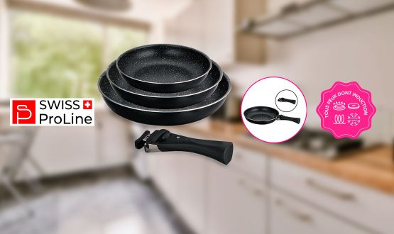 Set de 3 poêles avec poignée amovible tous feux dont Induction Swiss ProLine