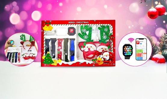 Coffret cadeaux NOËL - Montre connectée multifonctions, écouteurs sans fil bluetooth, 5 bracelets de rechange, 2 gadgets de Noël