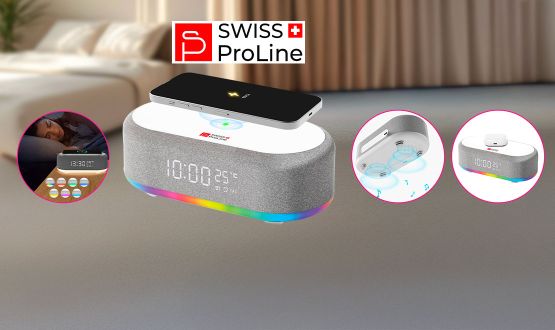 Réveil 6en1 (horloge, réveil, chargeur, LED, enceinte, thermomètre) Swiss ProLine