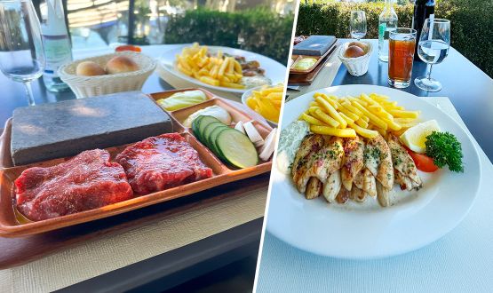 Menu Entrecôte sur ardoise ou Filets de Perches meunière avec entrée, dessert, minérale, cafés et bouteille de vin dès 2 personnes