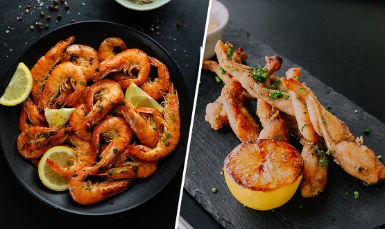 Menu Gambas ou Cuisses de grenouilles au choix avec entrée et dessert dès 2 personnes