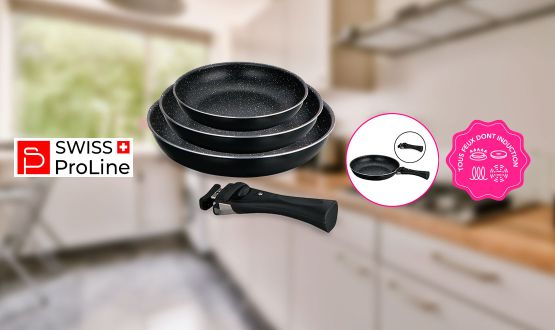 Set de 3 poêles avec poignée amovible tous feux dont Induction Swiss ProLine