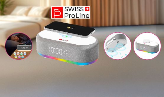 Réveil 6en1 (horloge, réveil, chargeur, LED, enceinte, thermomètre) Swiss ProLine