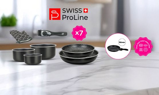 Batterie de cuisine 7 pièces avec poignée amovible tous feux dont Induction Swiss ProLine
