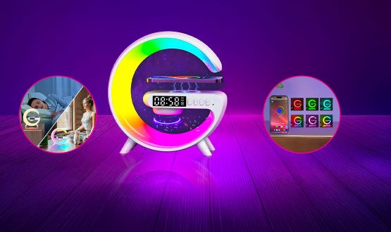 Lampe LED 4en1 connectée Bluetooth avec chargeur, haut-parleurs et réveil intégrés
