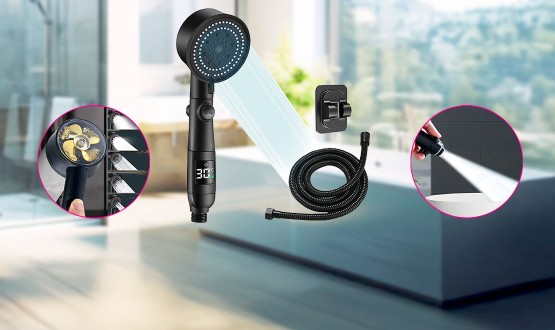 Pommeau de douche puissant avec température LED (tuyau de douche et support inclus)