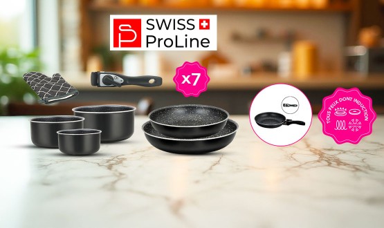 Batterie de cuisine 7 pièces avec poignée amovible tous feux dont Induction Swiss ProLine