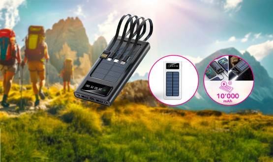 Batterie portable solaire 10'000 mAh avec câbles intégrés