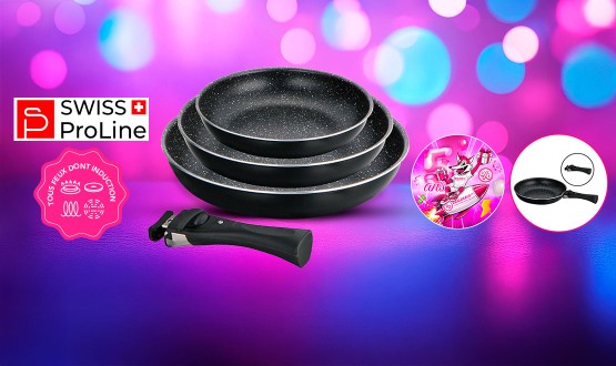 Set de 3 poêles avec poignée amovible tous feux dont Induction Swiss ProLine