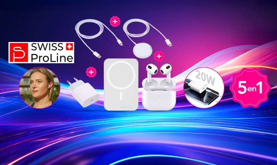 Kit indispensable de secours Swiss ProLine (Batterie magnétique / Câble USB C / Chargeur / Chargeur magnétique / Ecouteurs sans fil)