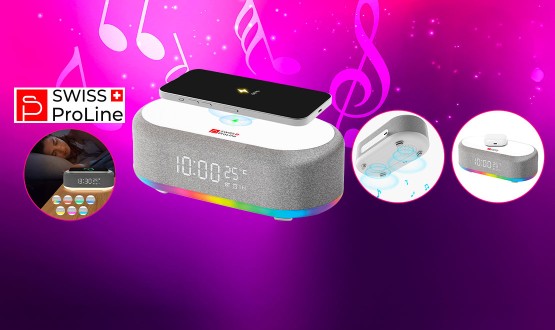 Réveil 6en1 (horloge, reveil, chargeur, LED, enceinte, thermomètre) Swiss ProLine
