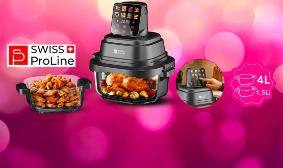 Friteuse Crispy Air Fryer (sans huile) portable avec double compartiments en verre Swiss ProLine