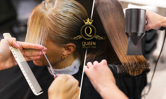 Coupe avec Shampoing, Soin et Brushing sur cheveux courts à mi-longs