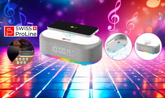 Réveil 6en1 (horloge, réveil, chargeur, LED, enceinte, thermomètre) Swiss ProLine