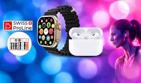 Coffret montre connectée, écouteurs sans fil Bluetooth, protection écran avec 8 bracelets Swiss ProLine