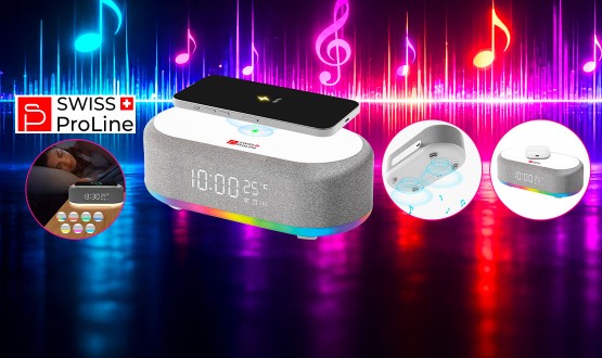 Réveil 6en1 (horloge, réveil, chargeur, LED, enceinte, thermomètre) Swiss ProLine