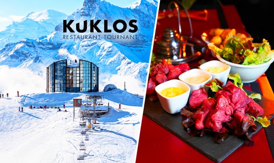 Fondue Bacchus 2 viandes (poulet et boeuf) à volonté au Restaurant Tournant Panoramique Le Kuklos à Leysin dès 2 personnes