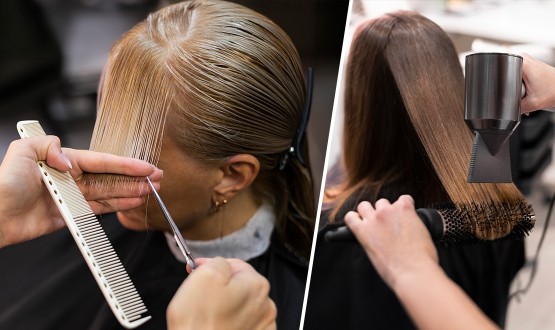 Coupe avec Shampoing, Soin et Brushing sur cheveux courts à mi-longs