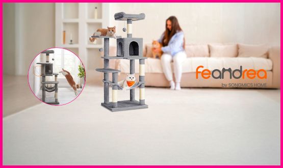 Arbre à chat XXL avec hamac, cabane et pompon 143cm FEANDREA
