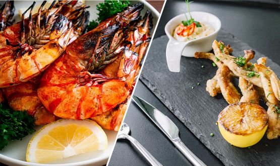 Menu Gambas ou Cuisses de Grenouilles au choix avec entrée et dessert dès 2 personnes