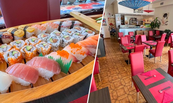 Bateau sushis avec salade et verres de saké dès 2 personnes