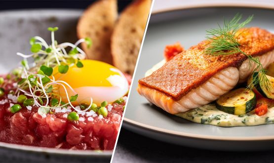 Menu au choix avec entrée et dessert dès 2 personnes (Tartare de Boeuf, pavé de Saumon grillé ou Lasagnes végétariennes)