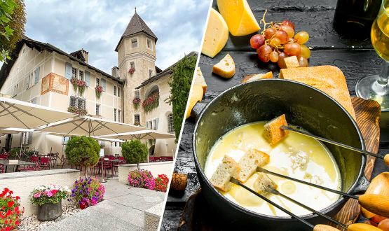 Trilogie de fondue (tomate, bolet et nature) et d'eau de vie avec dégustation de vins et assiette valaisanne pour 2, 4 et 6 personnes