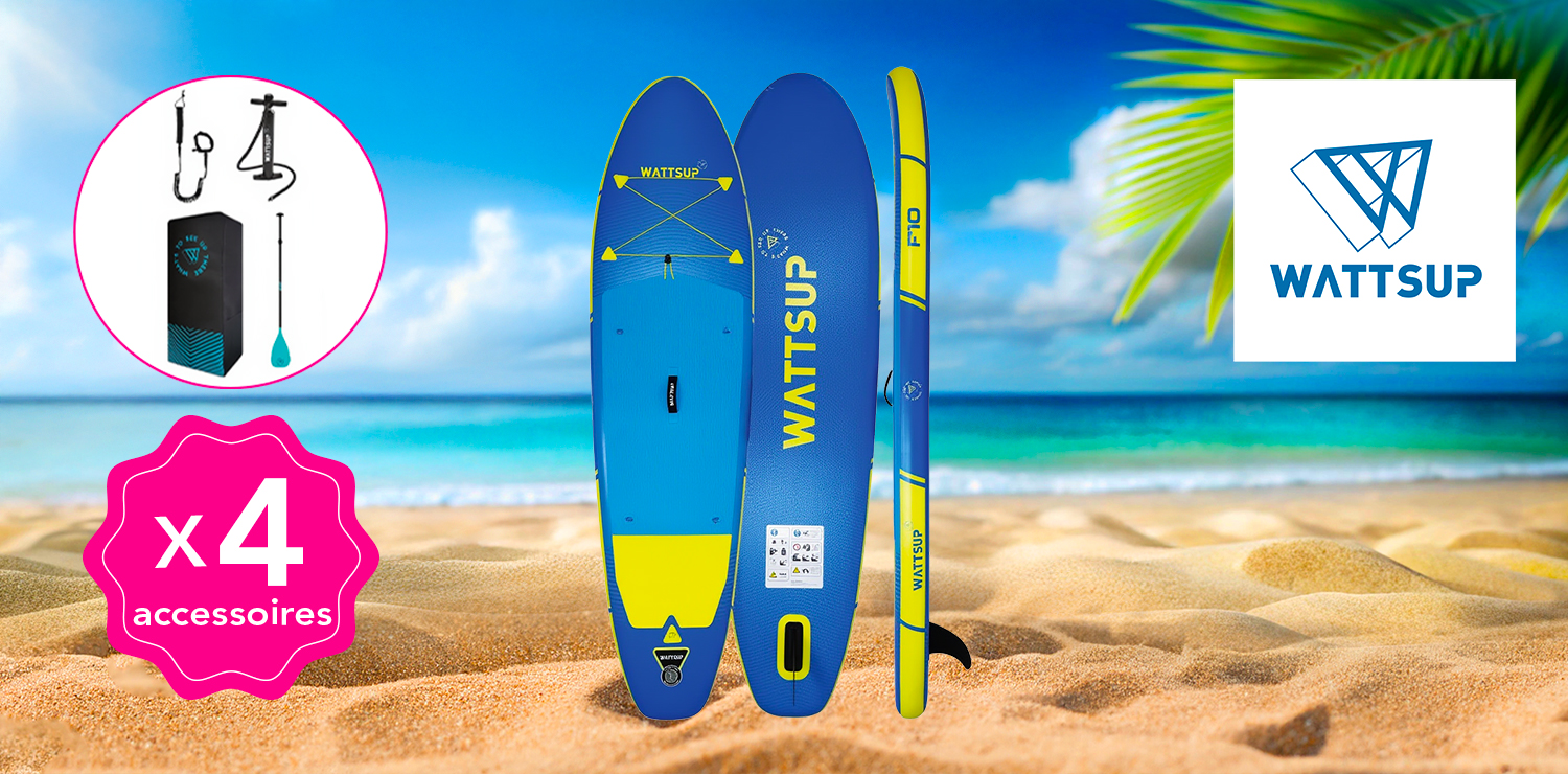 Paddle XL (305x81x15cm) avec accessoires WATTSUP (Sac de transport, leash, pompe haute pression, pagaie 3 sections)
