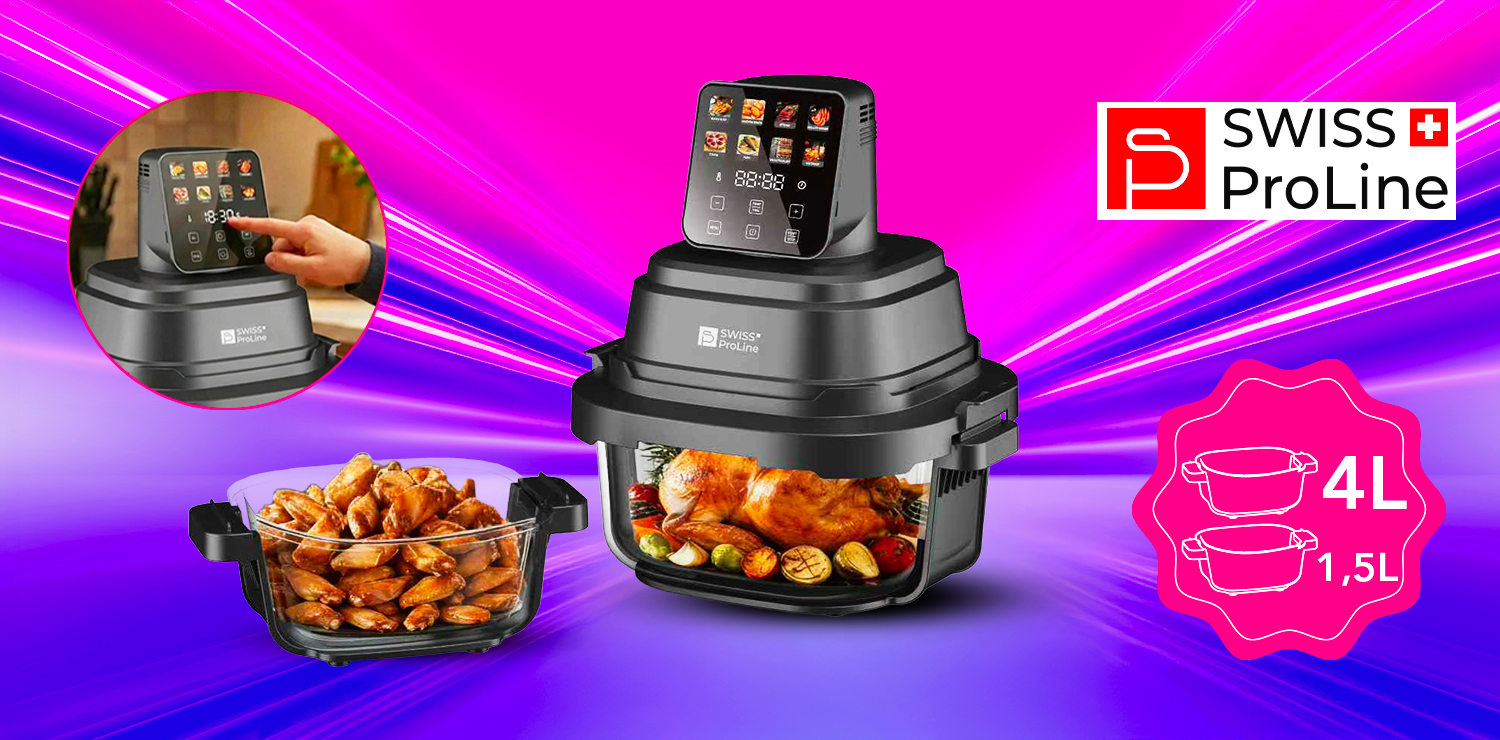 Friteuse Crispy Air Fryer (sans huile) portable avec double compartiments en verre Swiss ProLine
