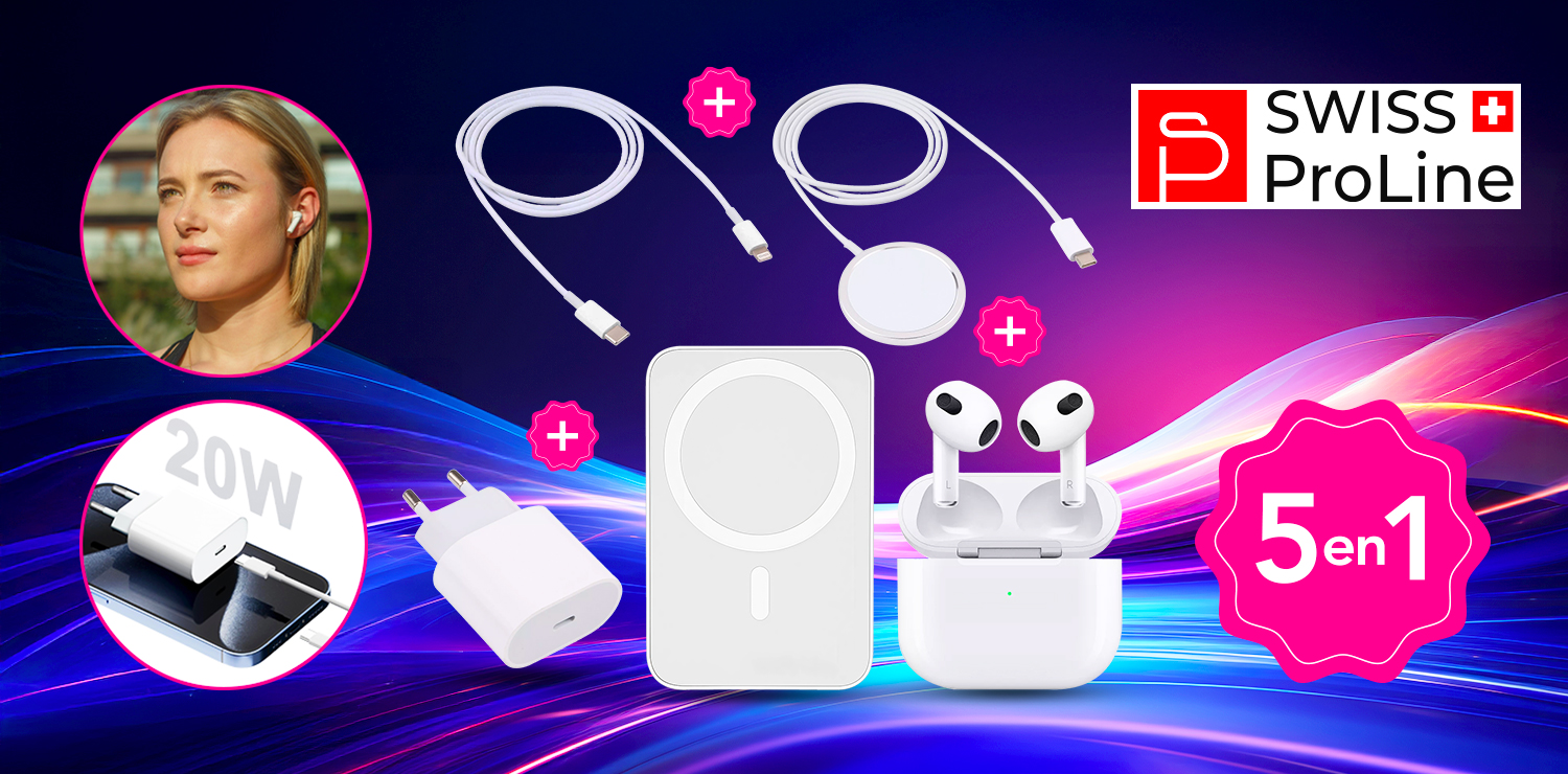 Kit indispensable de secours Swiss ProLine (Batterie magnétique / Câble USB C / Chargeur / Chargeur magnétique / Ecouteurs sans fil)