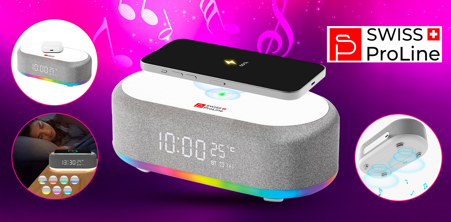Réveil 6en1 (horloge, reveil, chargeur, LED, enceinte, thermomètre) Swiss ProLine
