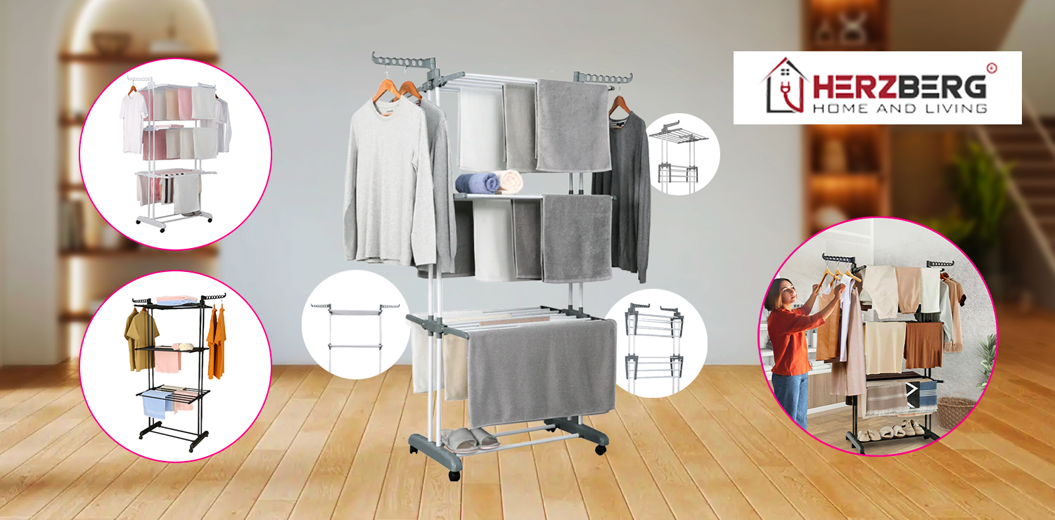 Etendoir à linge pratique avec 6 étagères pliables HERZBERG