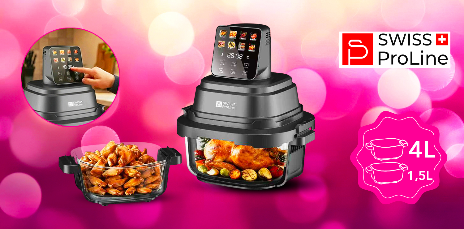 Friteuse Crispy Air Fryer (sans huile) portable avec double compartiments en verre Swiss ProLine