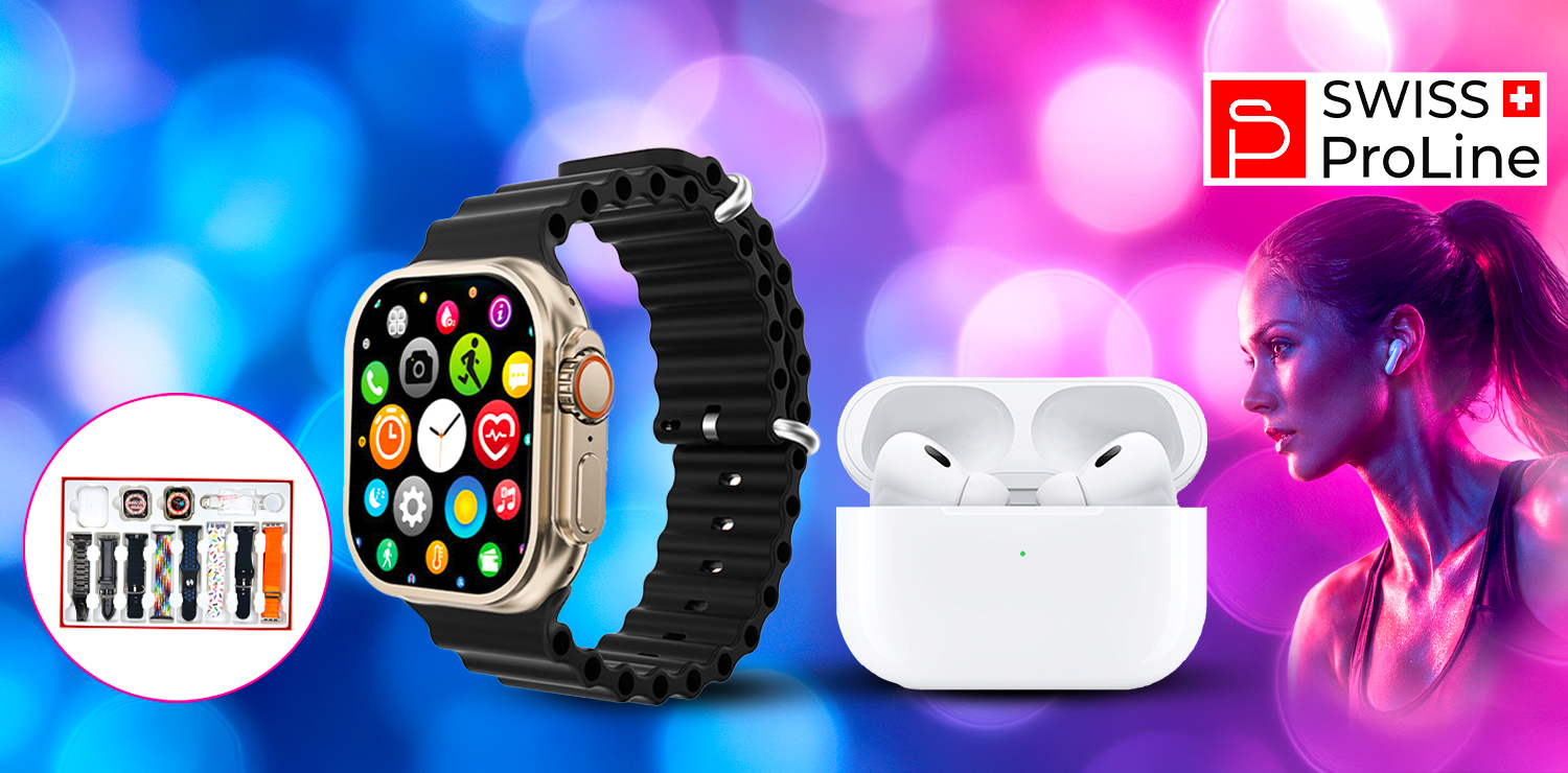 Coffret montre connectée, écouteurs sans fil Bluetooth, protection écran avec 8 bracelets Swiss ProLine