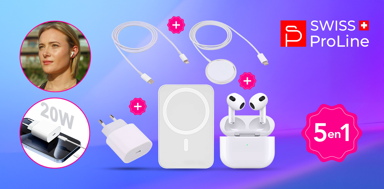Kit indispensable de secours Swiss ProLine (Batterie magnétique / Câble USB C / Chargeur / Chargeur magnétique / Ecouteurs sans fil)